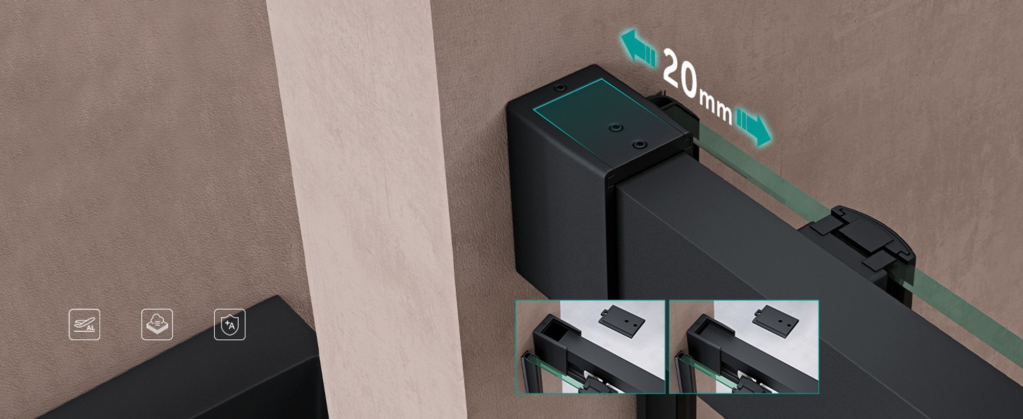 Eloxierte Wandprofile aus hochwertigem Aluminium. Der Verstellbereich vom Wandprofil: 0-40 mm.