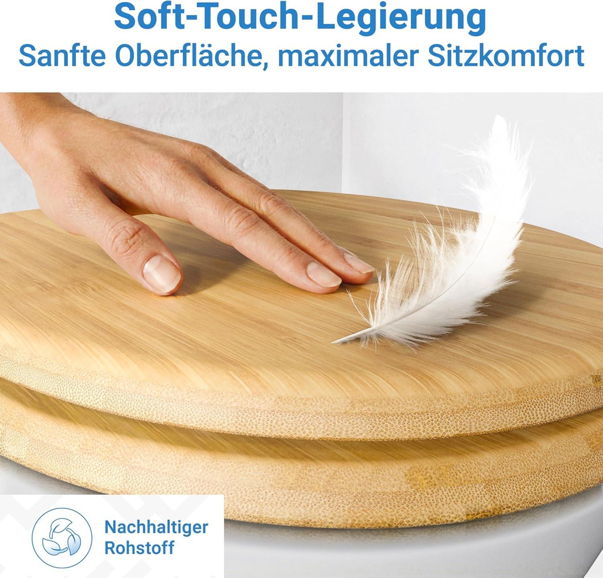 LOBENSWERK Toilettendeckel Bambus [Einfache Montage] mit Soft-Touch Beschichtung | antibakteriell - UV-beständig | Quick-Release-Funktion | Klodeckel