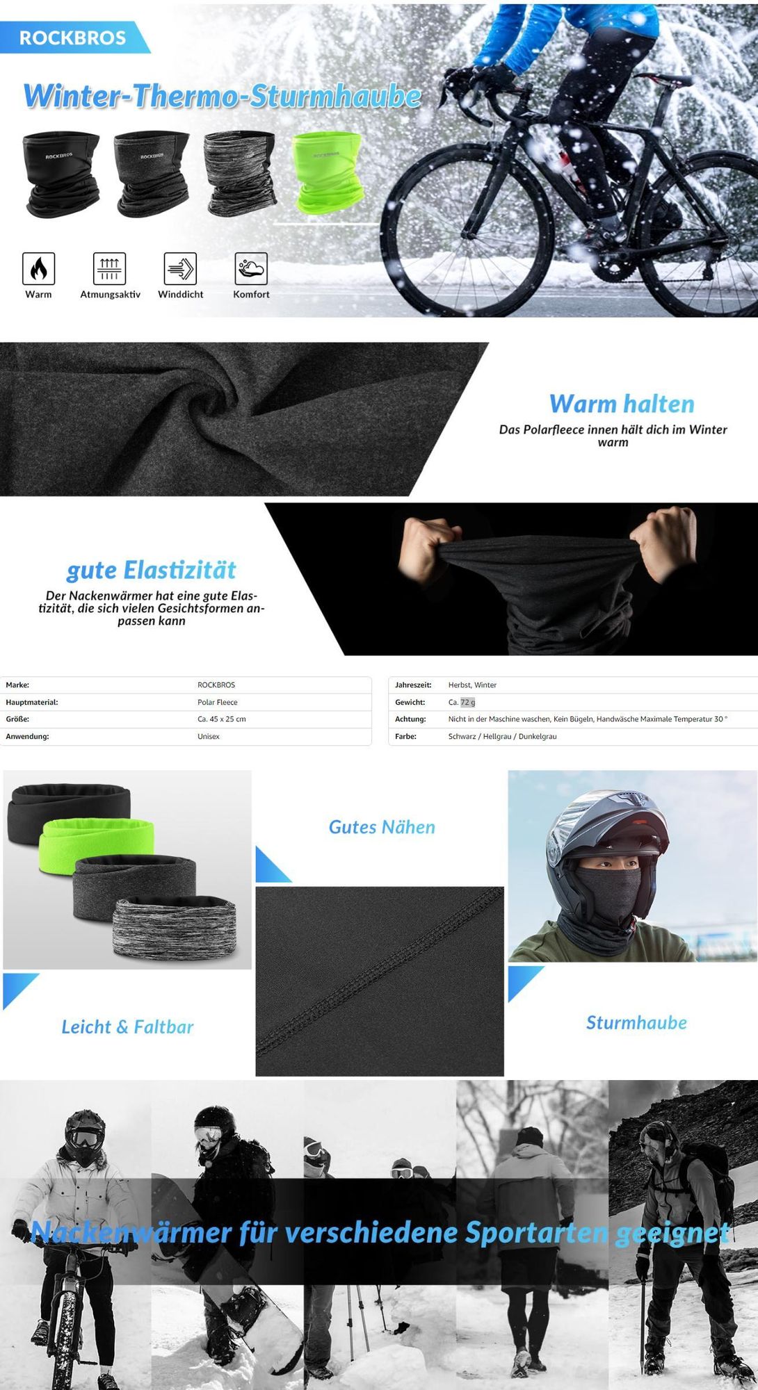 ROCKBROS Winter Multifunktionstuch Sturmhaube Winterdicht Warm Halstuch Balaclava Atmungsaktiv für Radfahren Hellgrau