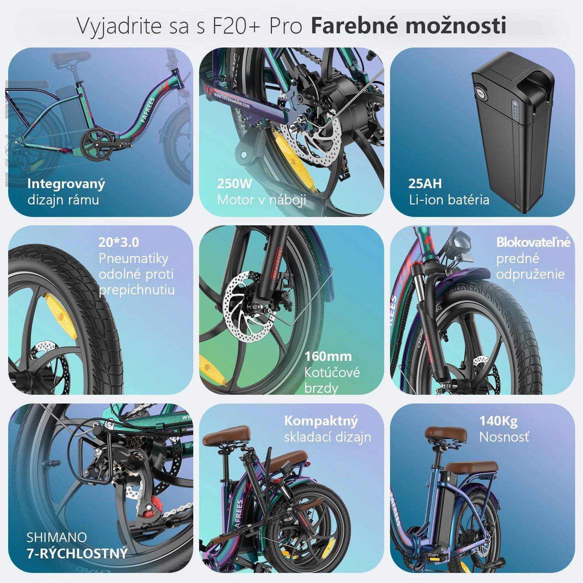 E-bike FAFREES F20+ Pro - Motor 250W Batéria 36V25Ah Pneumatiky 20" Mechanická Kotúčová Brzdy - Oslnivá Modrá