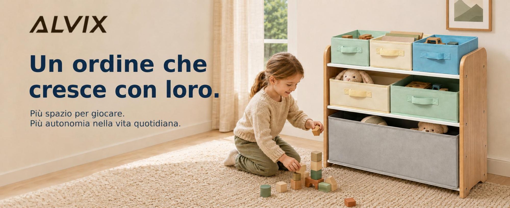 ALVIX - Scaffale per giocattoli NESTA 6, con 6 contenitori estraibili, scaffale per bambini, contenitore per giocattoli in MDF, scaffale organizzativo per la cameretta dei bambini