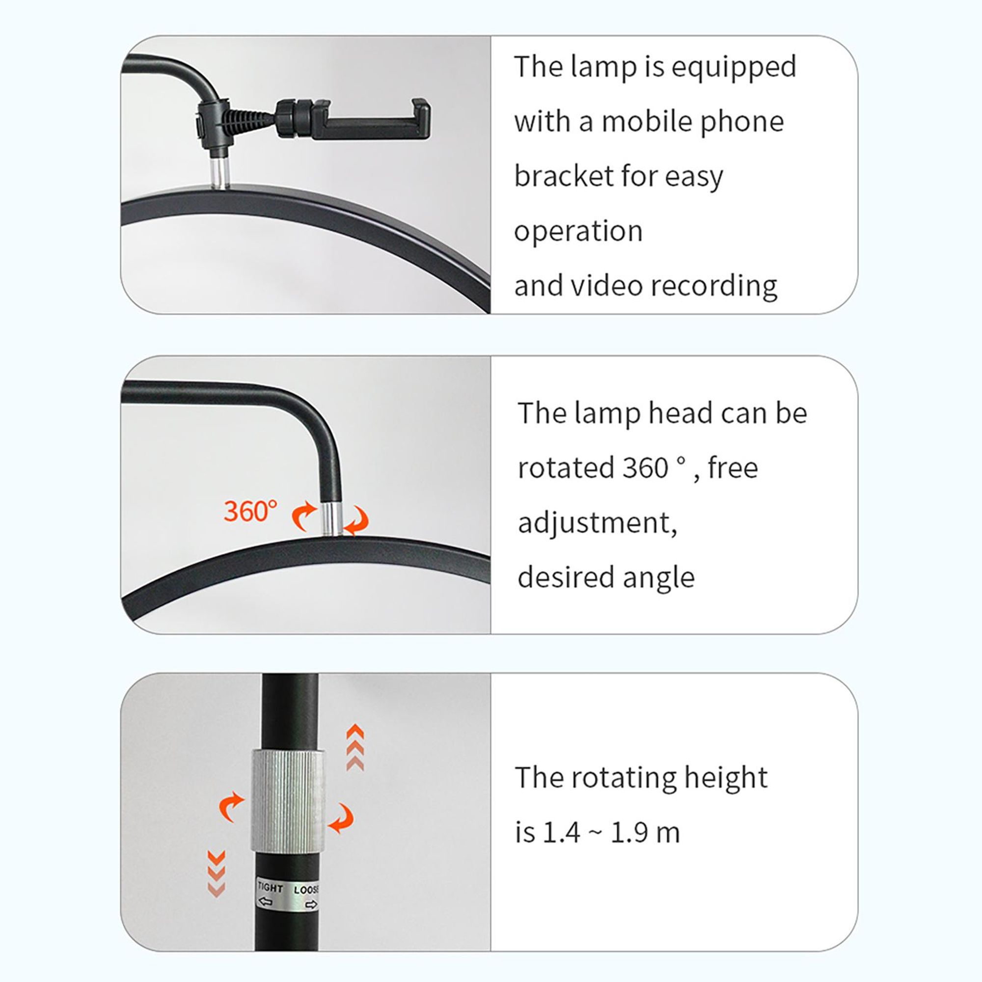 Andoer HD-M6XR 36 W Boden-LED-Videoleuchte, halbmondfoermiges Fuelllicht, dimmbar mit 5600 K Weisslicht und rotem Licht, 186 cm Metall-Lichtstativ, Telefonhalter, Fernbedienung fuer Schoenheitssalon, Make-up, Live-Streaming, Nachttischlampe
