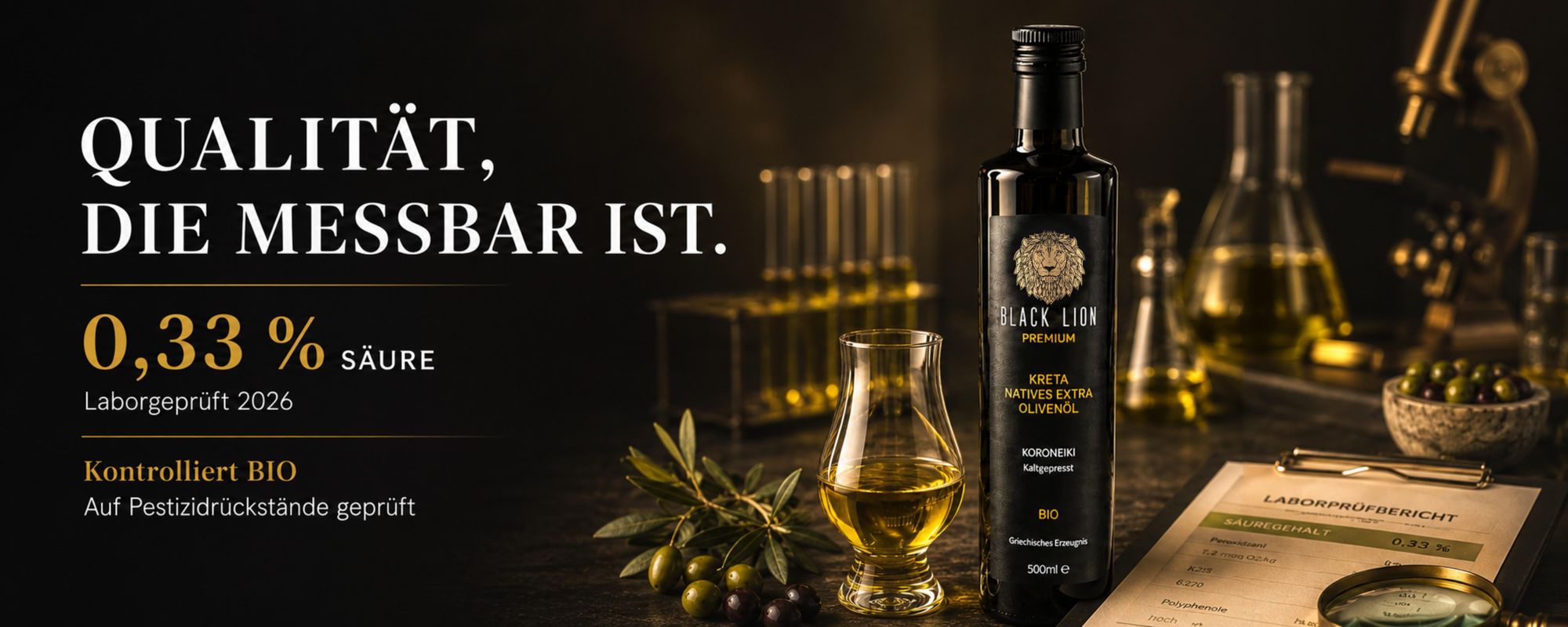 Black Lion Premium Olivenöl – labor mit nur 0,33 % Säure