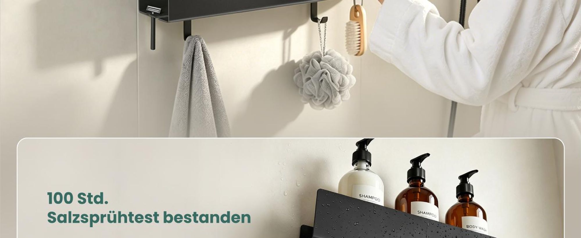 Mai & Mai Duschablage ohne Bohren mit 2 Schiebehaken, Duschablage zum Hängen Schwarz 40cm Reglo-18