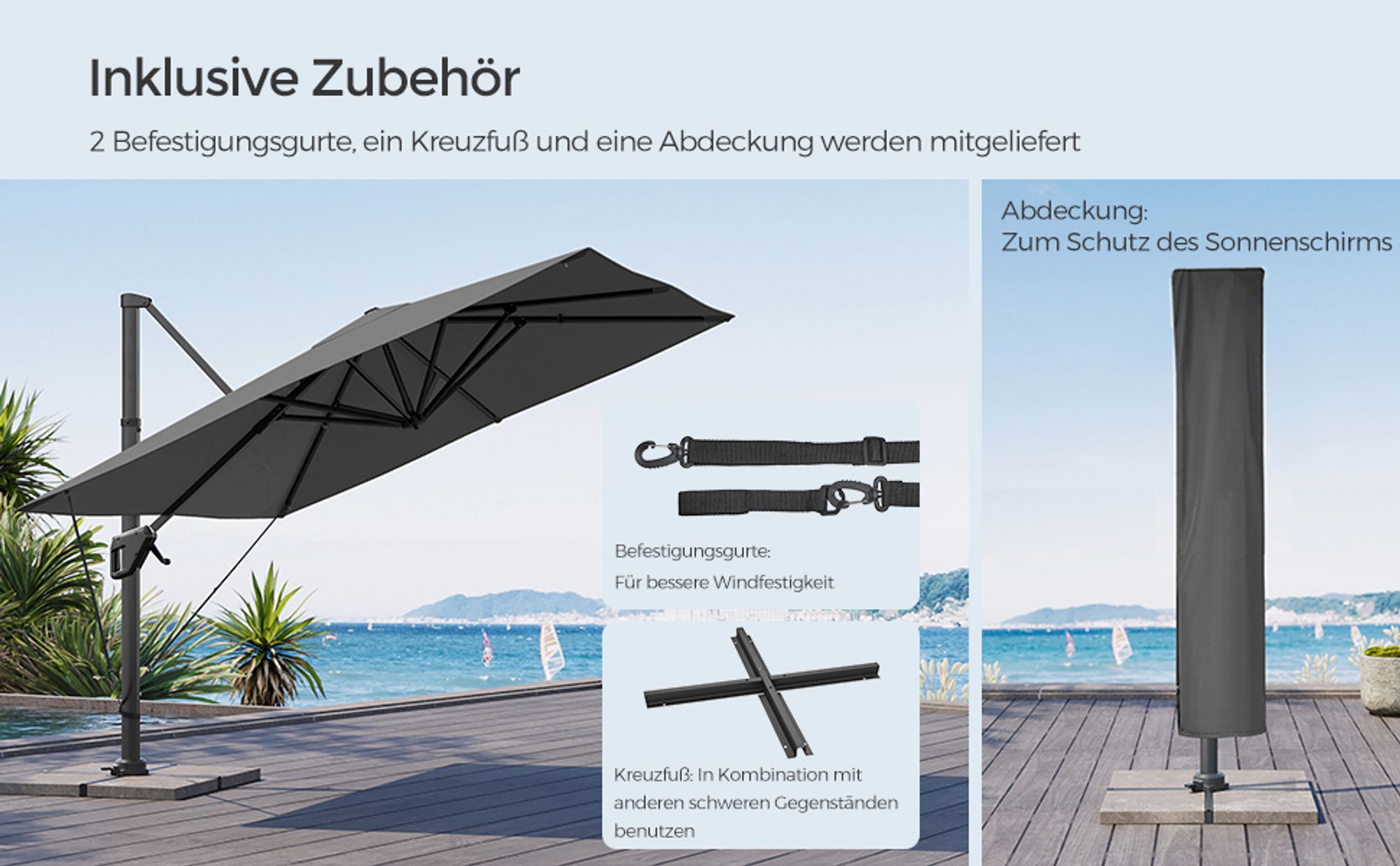 SONGMICS Sonnenschirm 290 x 290 cm UPF 50+ mit Ständer um 360° drehbar