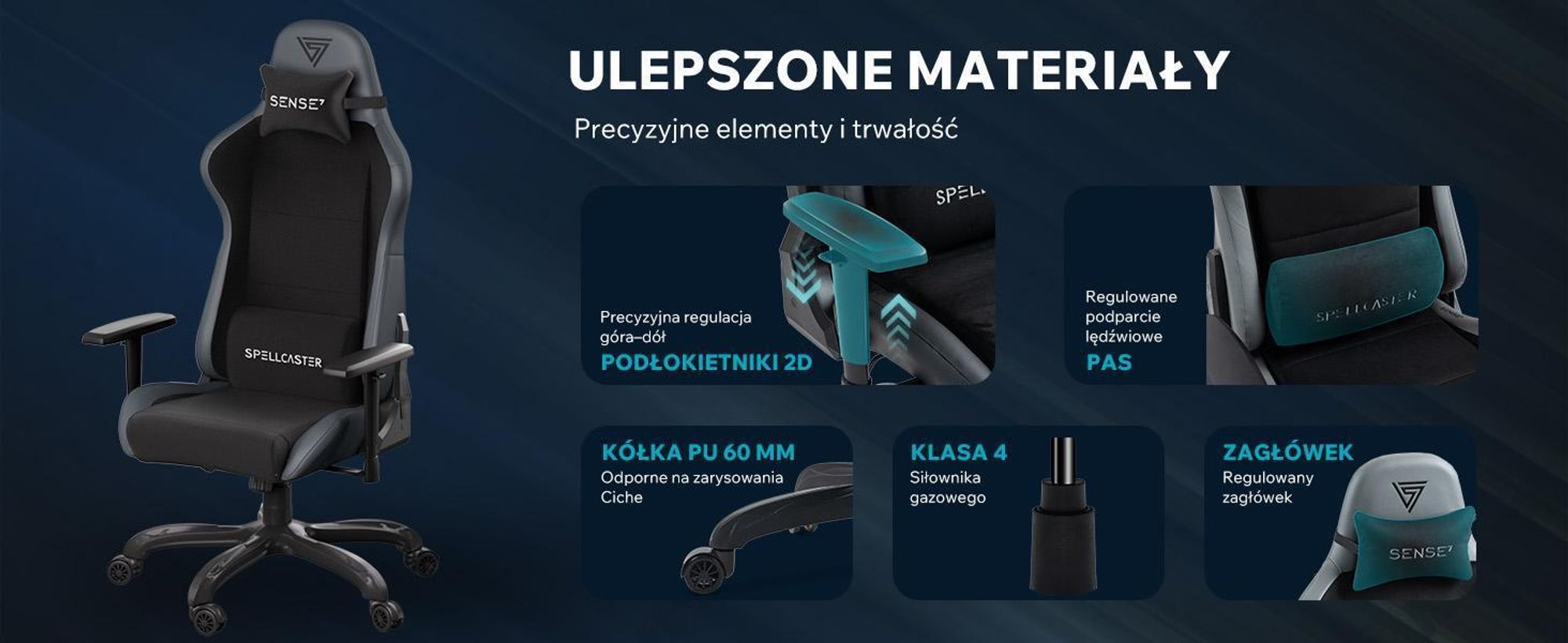 Fotel gamingowy SENSE7 Spellcaster FUKU z Alcantary, biało-szary – ergonomiczny fotel biurowy, fotel przy biurko, nośność do 150 kg, funkcja kołysania, kółka, fotel kierowniczy