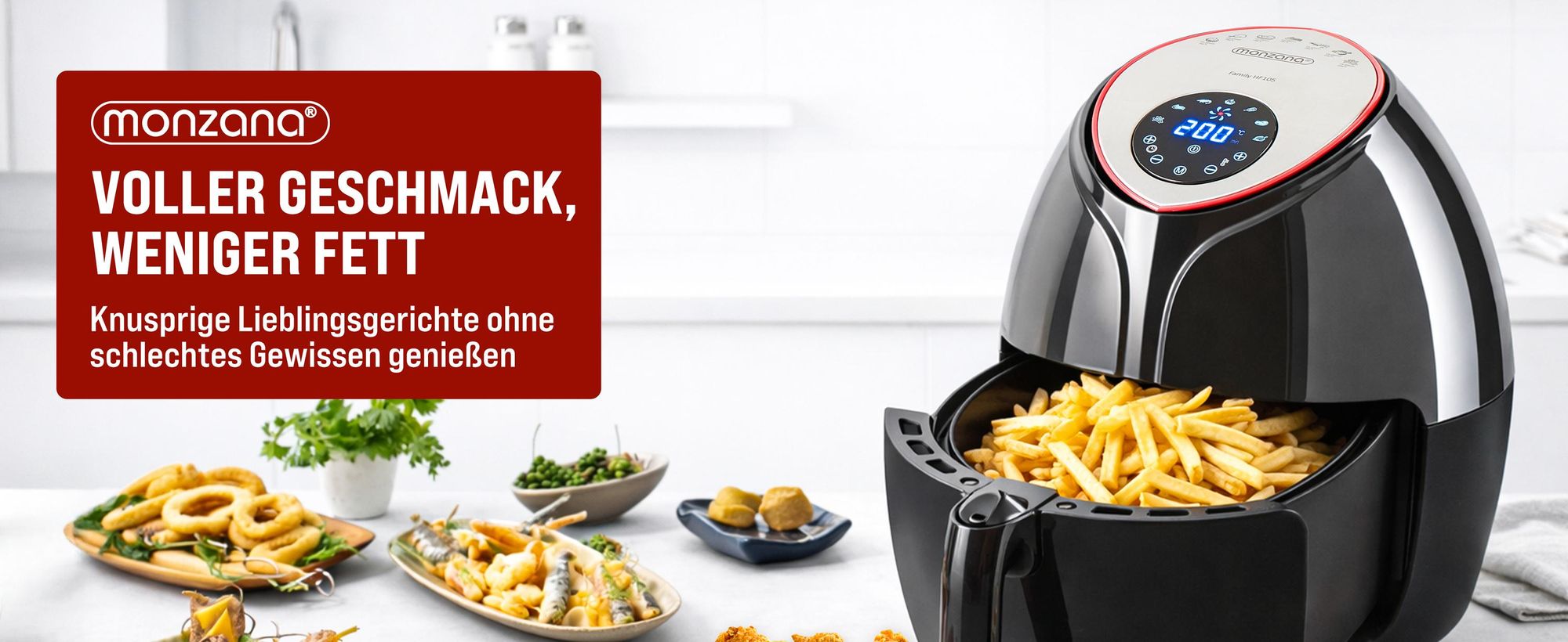 MONZANA Heißluftfritteuse 6,5L XXL 9in1 fettarm digitales LED Touch-Display Timer & Temperatur 80–200 °C Rezeptheft Heißluftofen Fritteuse schwarz