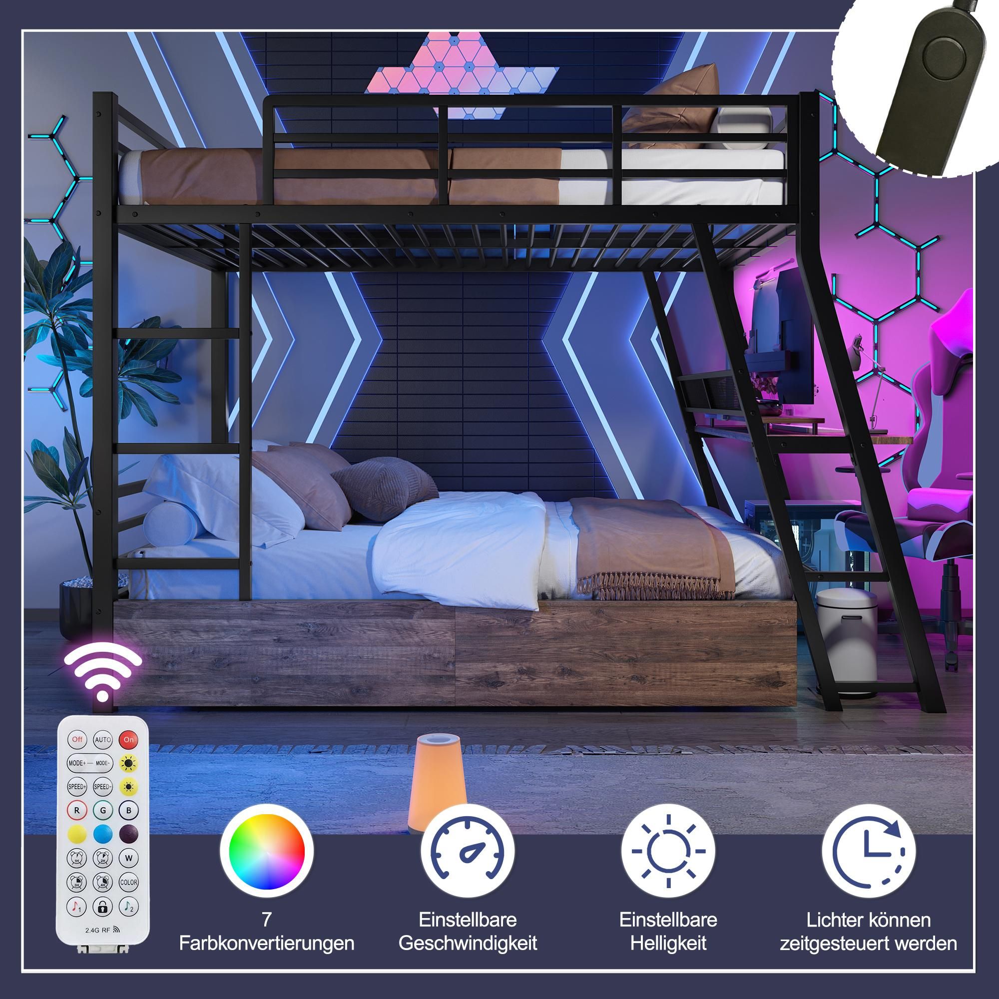 Merax Etagenbett Hochbett 140x200 cm, Kinderbett mit Schreibtisch, LED, 2 Schubladen, Geländer & Treppe, Stockbett Eisenbett, Schwarz