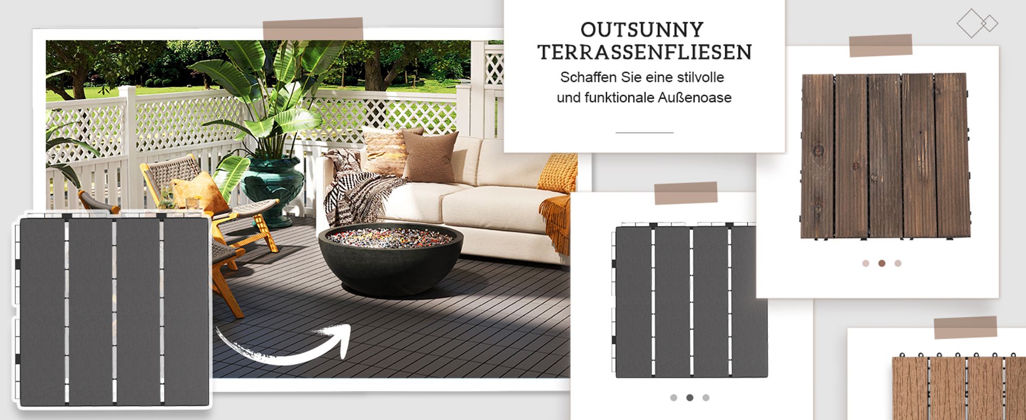 Outsunny 9 er Set Terassenfliesen Balkon Patio 30 x 30 cm Kunststoff Dunkelgrau