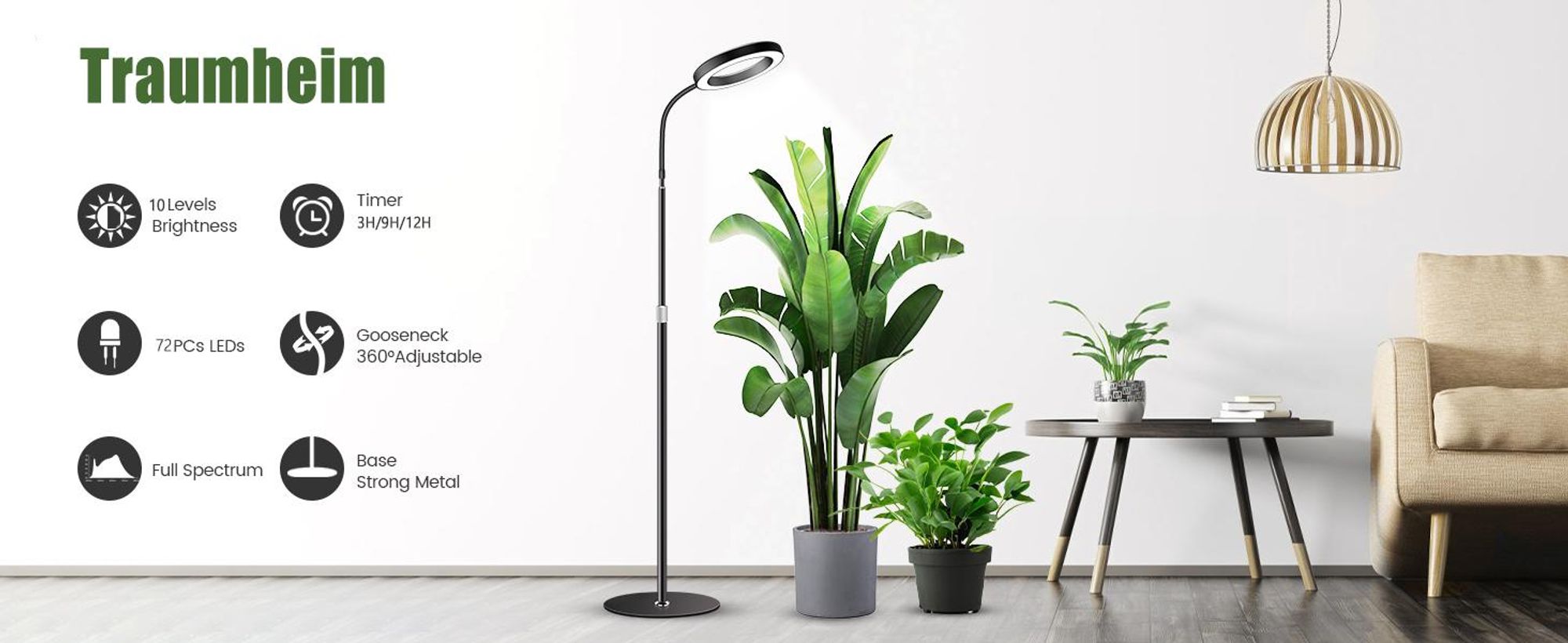 LED Pflanzenlampe, 72 LEDs, Vollspektrum Dimmbar, mit Zeitschaltuhr, 58-170 cm verstellbarem Stab, Gemüse Pflanzenlicht Grow Lampe, für Zimmerpflanzen