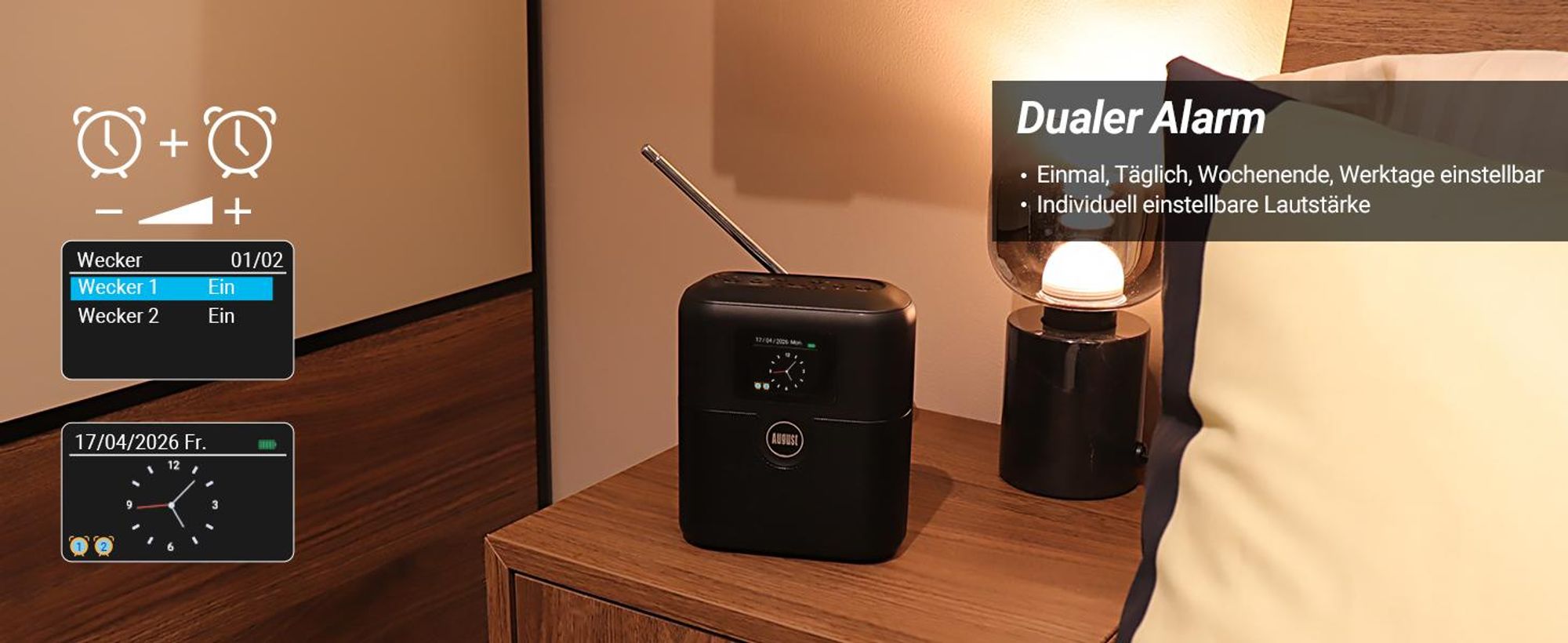 Tragbares DAB+/UKW Radio mit Bluetooth Akku Doppel Wecker, 60 Presets - August MB330
