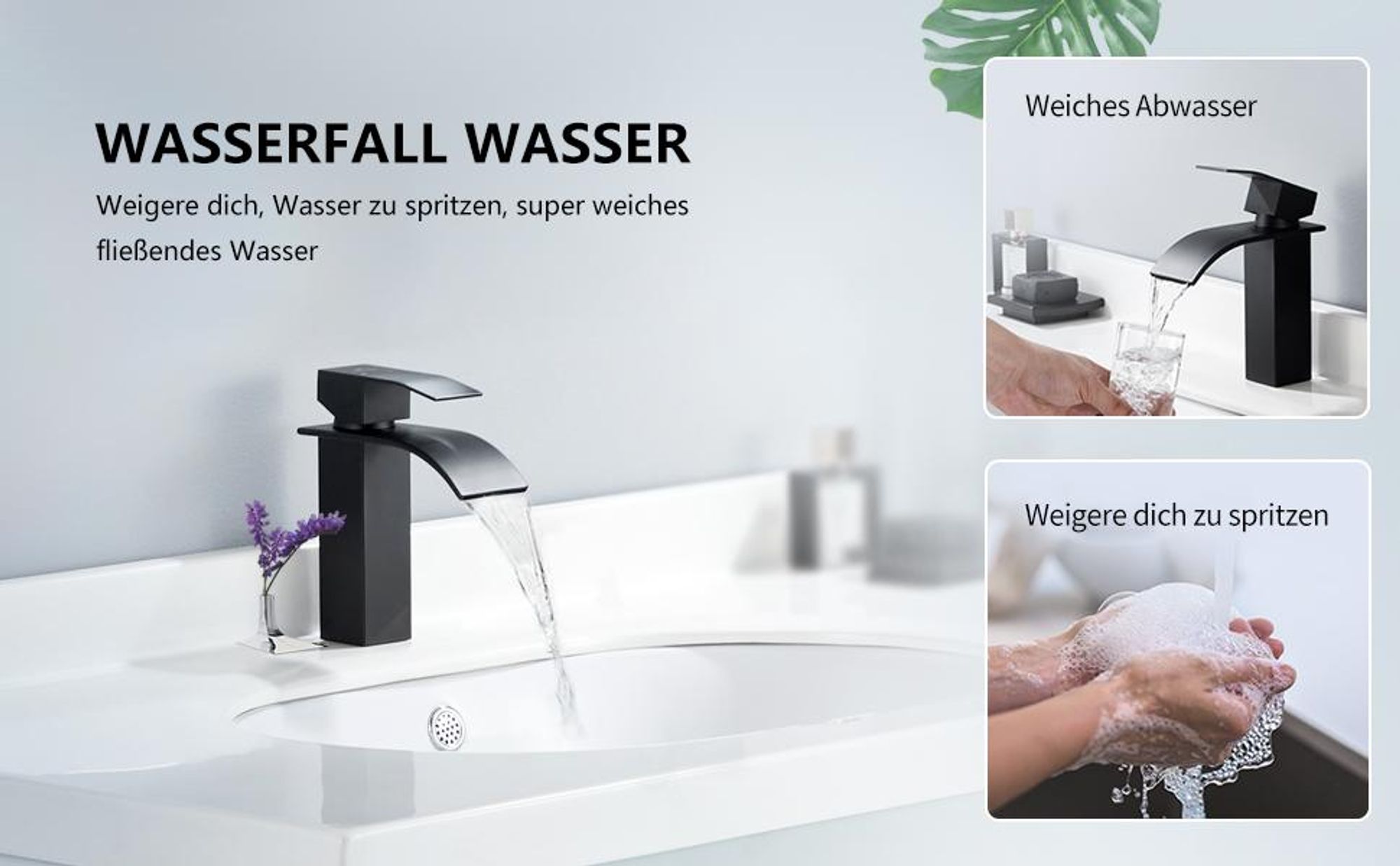 Homelody Wasserhahn Bad，Waschtischarmatur Wasserfall，Waschbecken Armaturen，Schwarz Mischbatterie Badezimmer，Badarmatur waschbecken，Einhebelmischer