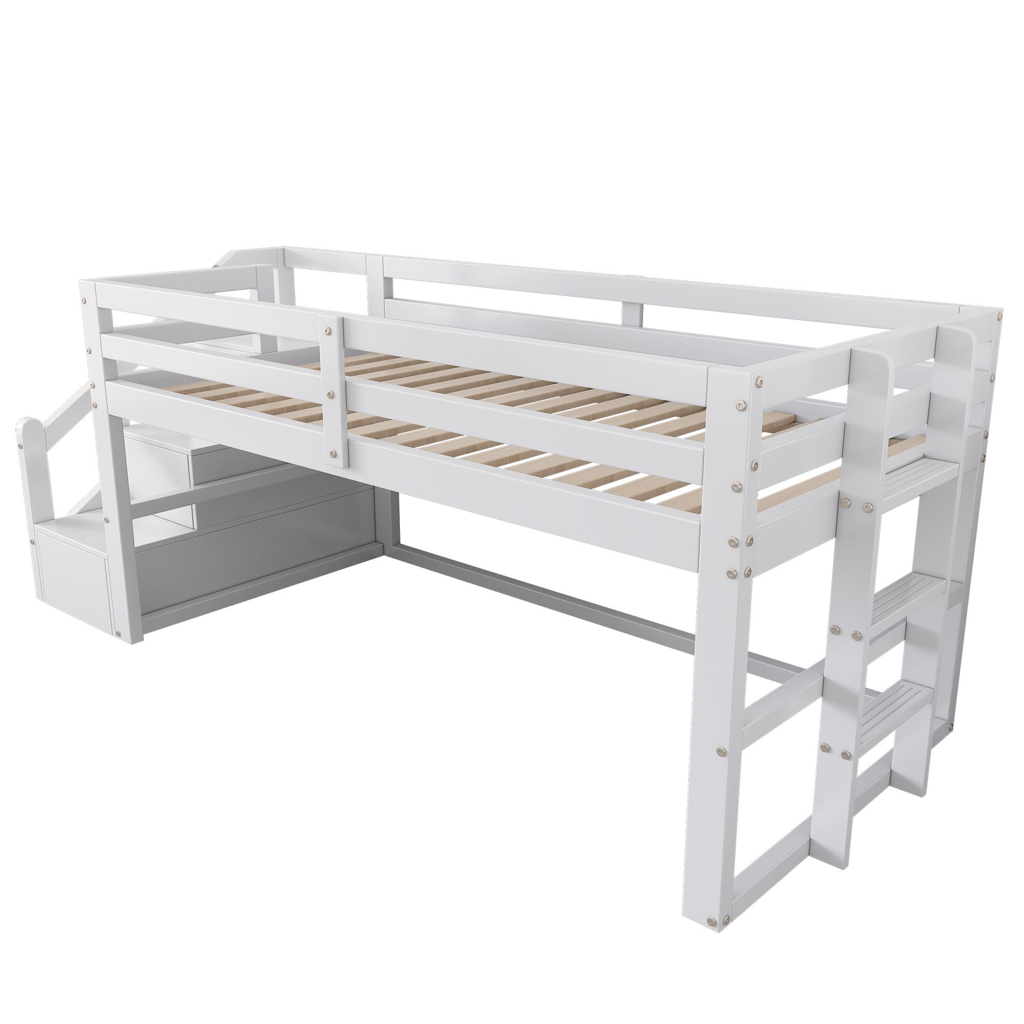 Flieks Etagenbett 90x200cm mit Schrank, Hochbett mit Leiter und Treppe, Kinderbett Stockbett Einzelbett mit Rausfallschutz, Holzbett für Kinder, Weiß