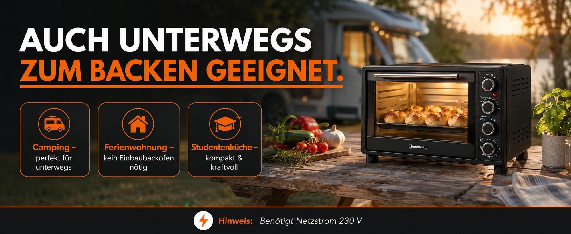 Sommertal Minibackofen 30 Liter mit Drehspieß & Umluft, 1500W, Hähnchengrill, Backen, Grillen & Pizza, Campingbackofen, 100–230°C, inkl. Zubehör