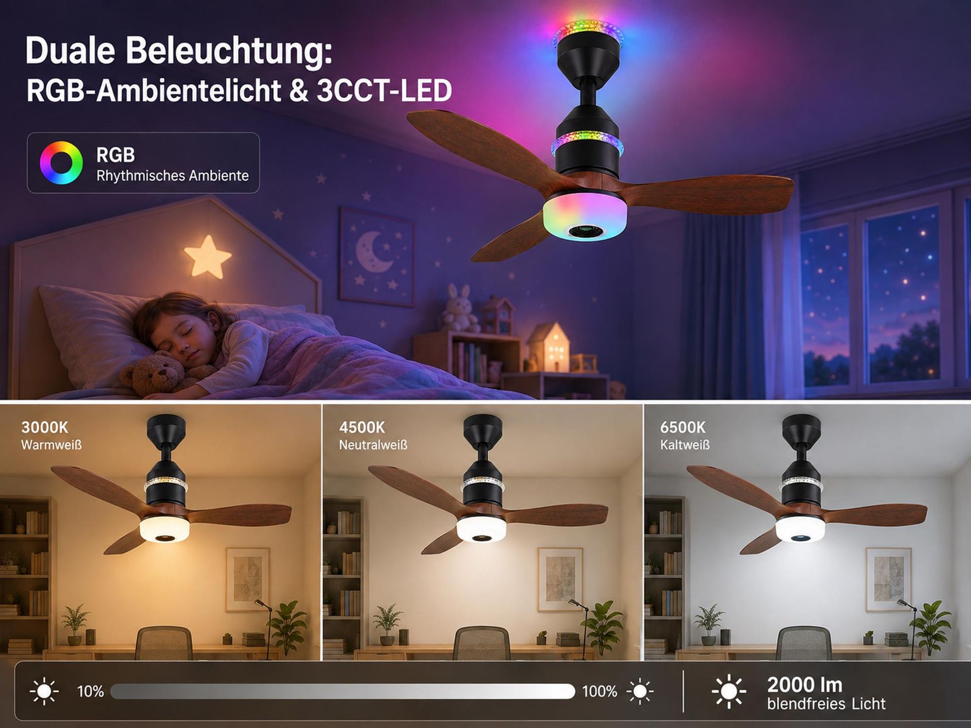 48W 60CM Deckenventilator mit Beleuchtung, LED Deckenleuchte mit Ventilator, 3 Windstufen, 3 Modi, Musik, Leise Lampe mit Ventilator Schlafzimmer