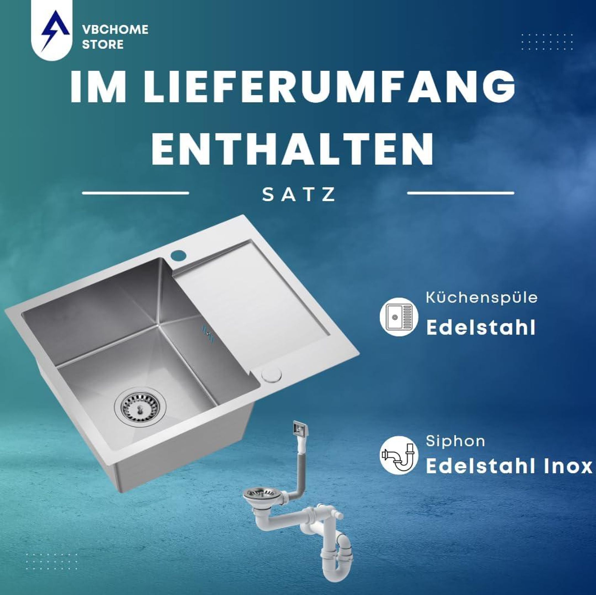 VBChome Edelstahlspüle 60 x 48 cm Gebürsteter Edelstahl Einbauspüle mit Zwei Löcher Spüle Groß Becken Küchenspüle mit Abtropffläche Siphon