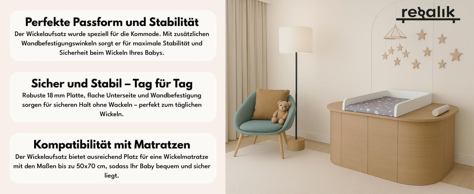 regalik Wickelaufsatz Universal, Wickeltischaufsatz für Kommoden in beliebiger Breite, Abnehmbar Wickelkommode aufsatz, Abgerundeten Frontplatten, Oak, 72cm x 54cm
