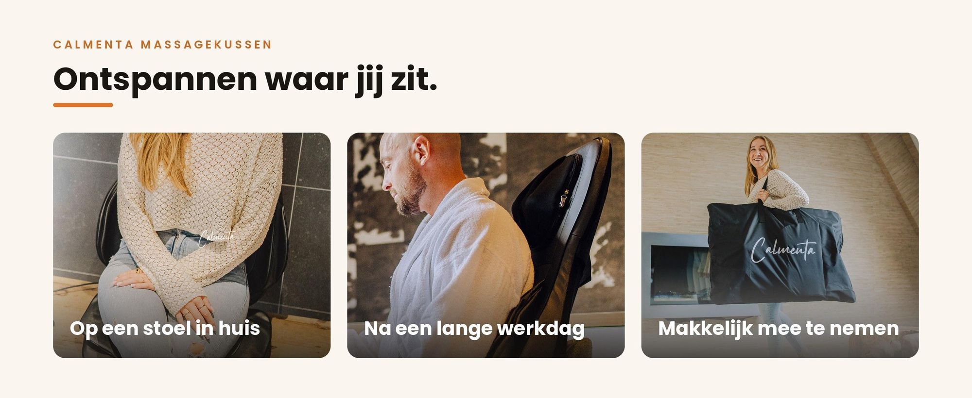 Het Calmenta massagekussen op een stoel thuis en in de opbergtas