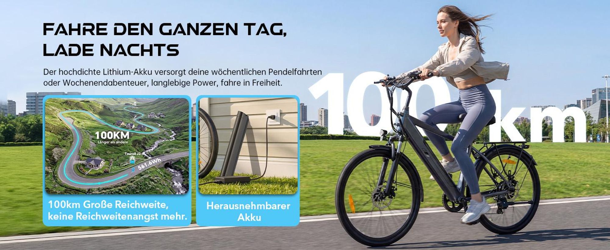 Touroll J2 E-Bike 26 Zoll, 250W Motor, 100 km Reichweite, Shimano 7-Gang, LED Display, Scheibenbremsen, City Elektrofahrrad