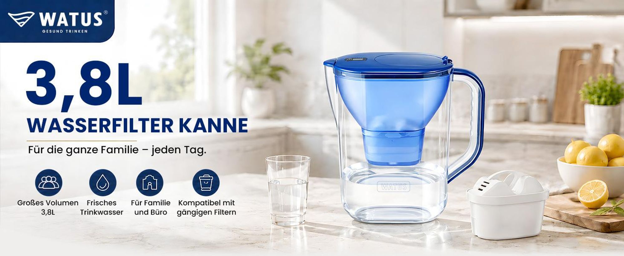 WATUS Kannen 3.8L für Brita Wasserfilter , Kompatibel mit alle BRITA ,Maxtra+ Plus, Maxtra Pro, All-in-1 Wasserfilter, Enthält Eine Watus Kartuschen