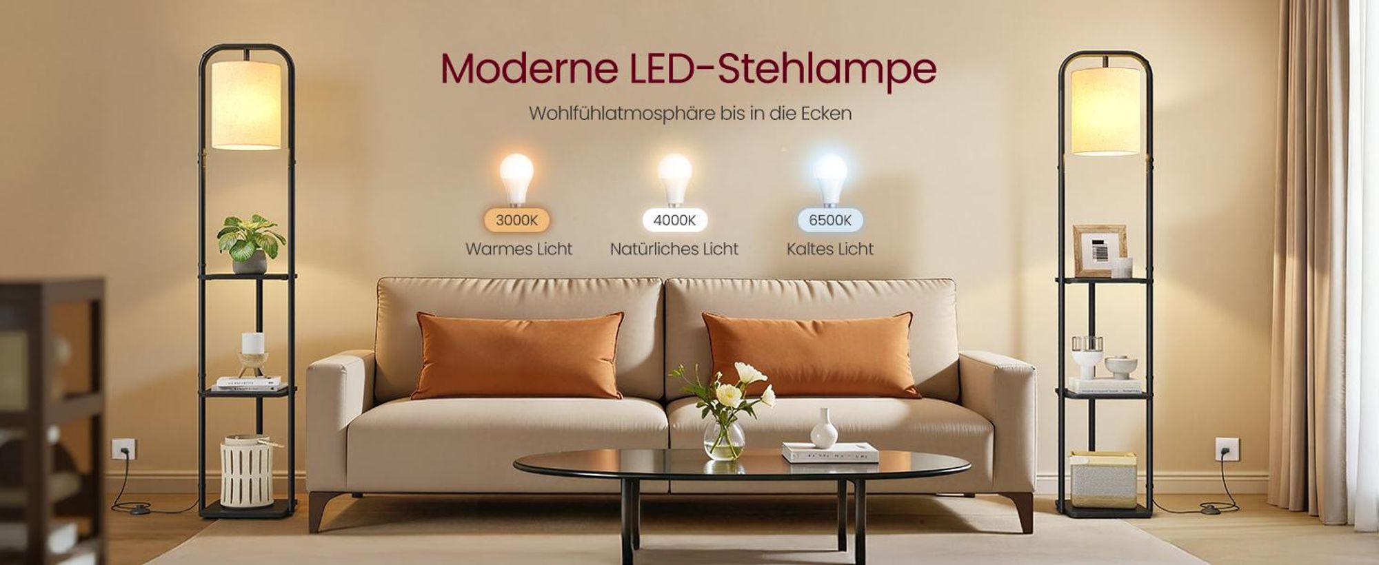 VASAGLE Stehlampe mit 3 Ablagen, Standleuchte, Stehleuchte, LED-Glühbirne inklusive, mit Fußschalter, Lampenschirm aus Stoff