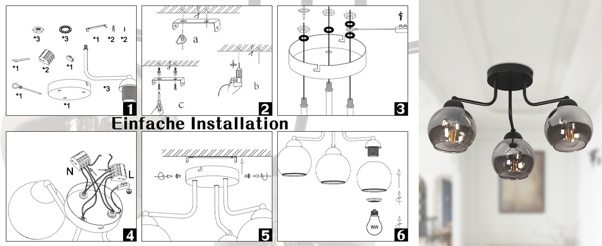 ZMH deckenleuchte Glas Deckenlampe Schwarz Vintage Küchenlampe Decke 3 flammig Industrial E27 Fassung Kugel Deckenbeleuchtung rund Ohne Leuchtmittel