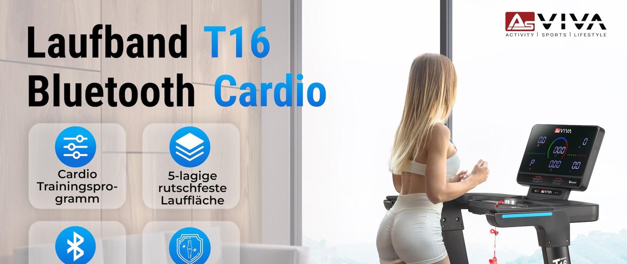 Laufband klappbar AsVIVA T16 Heimtrainer mit Bluetooth bis 18 km/h 18% Steigung bis 150kg für Zuhause