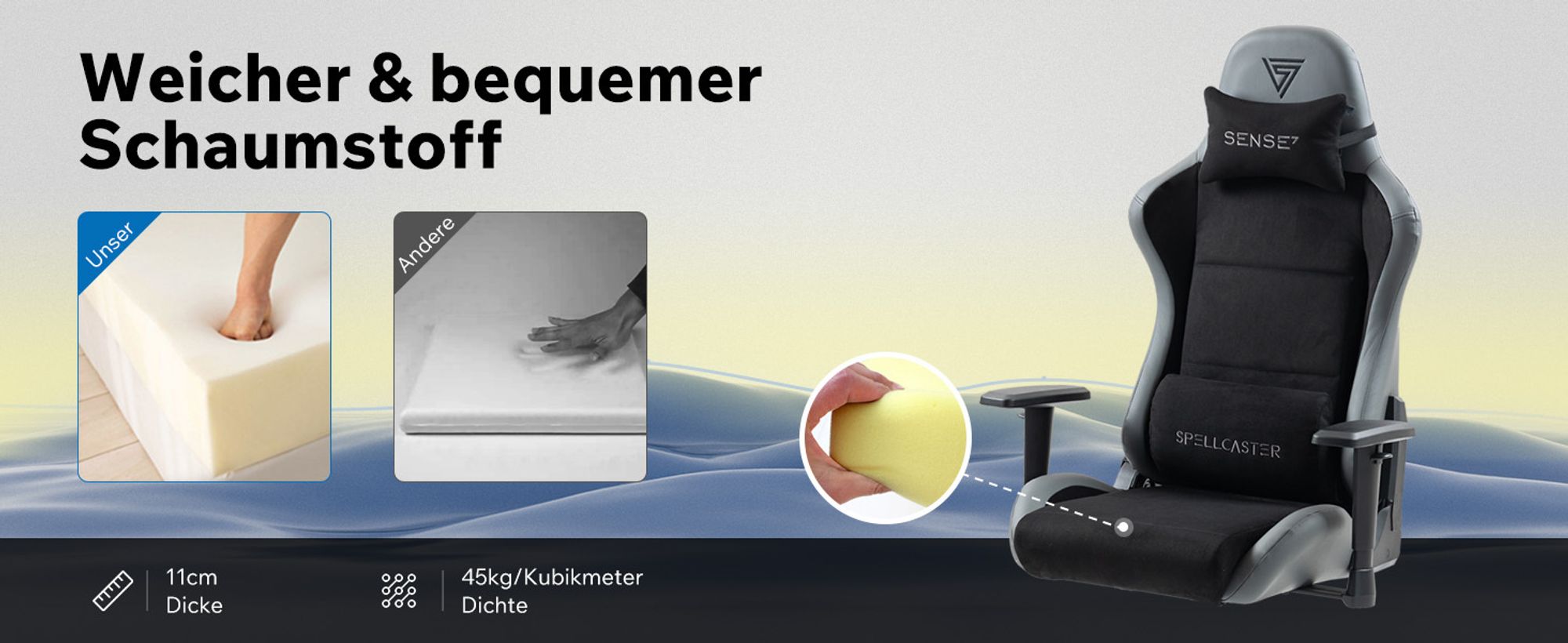 SENSE7 Spellcaster FUKU Gaming Stuhl Alcantara Schwarz - Ergonomischer Bürostuhl PC Schreibtischstuhl Zockerstuhl 150kg Kaltschaum Chefsessel