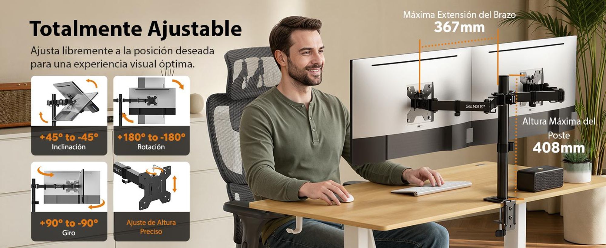 Soporte doble para monitores SENSE7, compatible con pantallas de 17-32 pulgadas, estándar VESA, capacidad de 2 x 9 kg, con sistema de pivote y amortiguación a gas, para escritorio, ideal para 2 monitores, color , diseño ergonómico