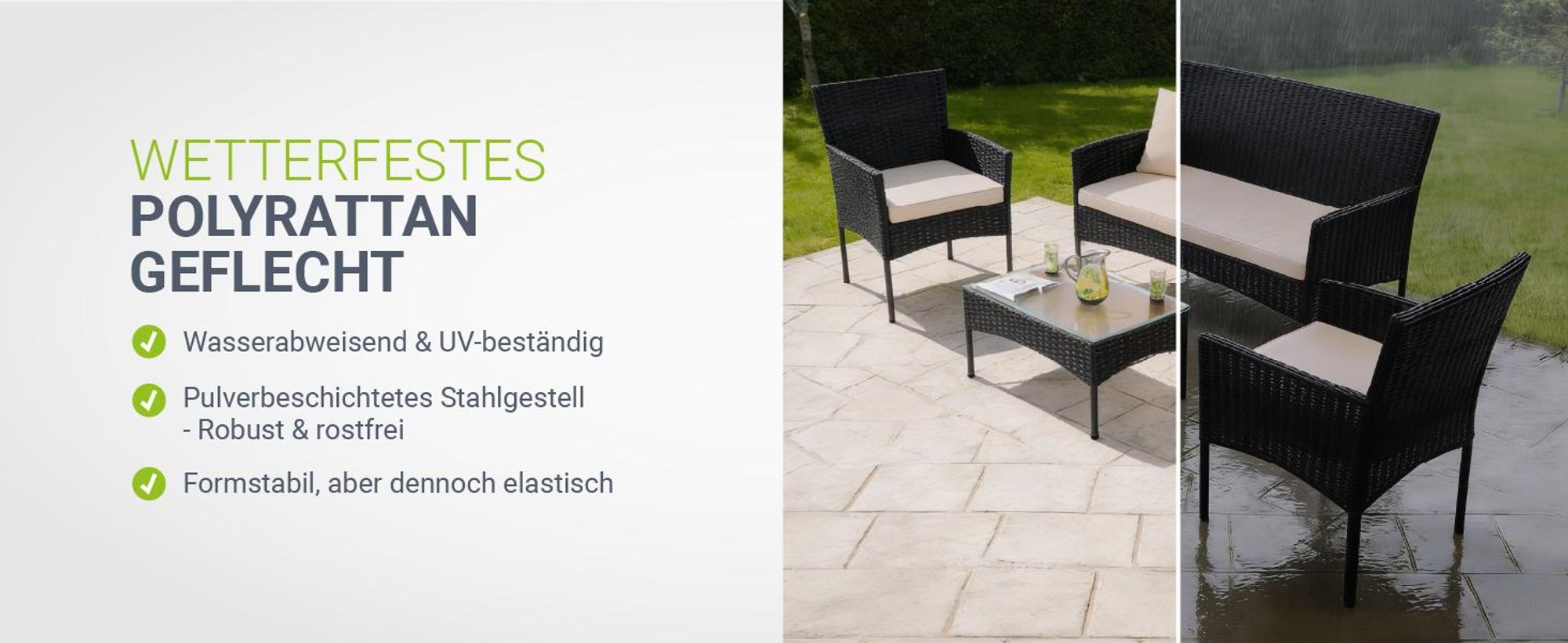 Juskys Polyrattan Gartenmöbel-Set Fort Myers - Tisch, Sofa & 2 Stühle - Schwarz Beige