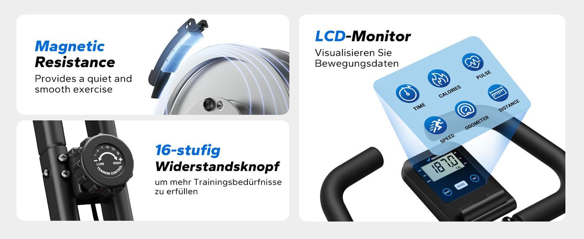 MERACH Klappbares Heimtrainer, kompakt und leise, 16 Magnetstufen, LCD-Bildschirm, Tablet-Halterung, für den Heimgebrauch