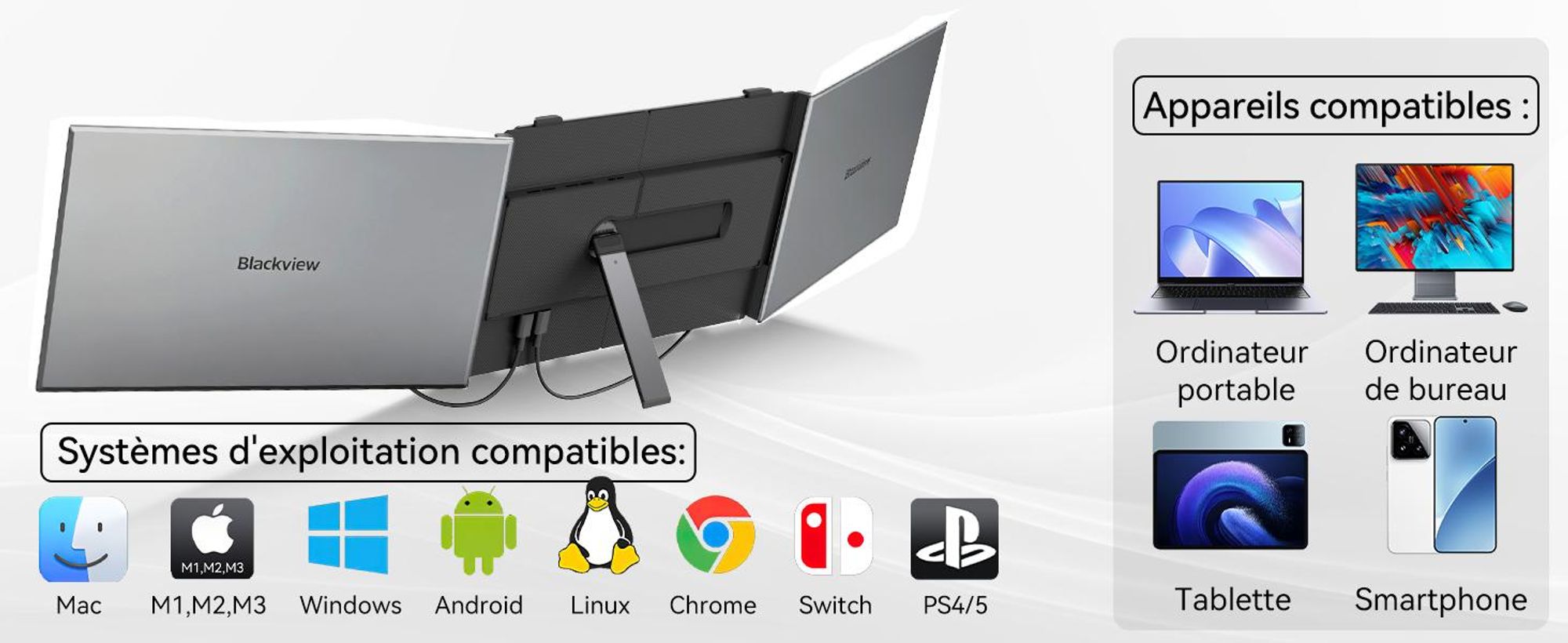 Écran portable Blackview DCM6 14 pouces, moniteur double écran pour ordinateur portable, ultrafin, FHD, compatible avec les ordinateurs portables de 13,3 à 17,3 pou pivotant à 180°, compatible Windows/Mac/Android
