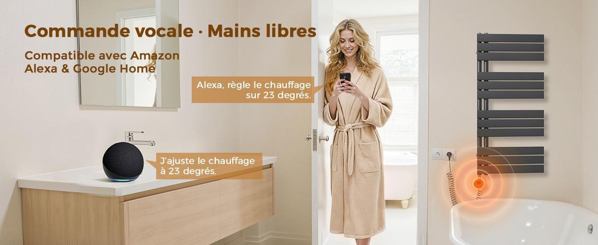 S'AFIELINA thermoplongeur avec thermostat 900W, minuterie programmable & affichage LCD, WiFi, pour radiateur de salle de bain, acier inoxydable, contrôle intelligent, anthracite