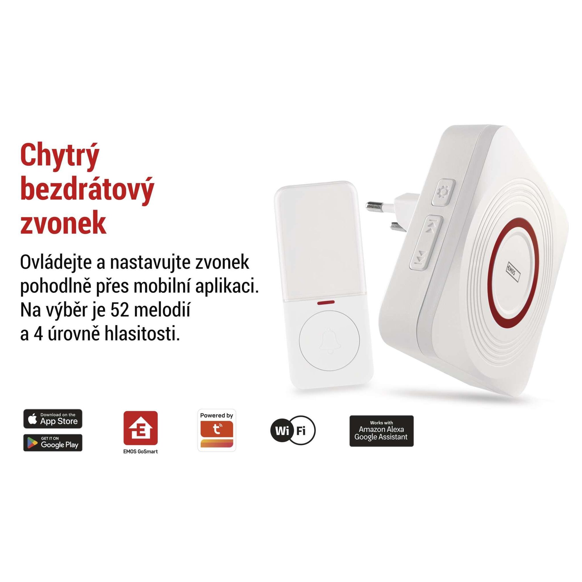 EMOS Smart Home bezdrátový zvonek s aplikací, WiFi, bezdrátový, 52 melodií, dosah 150 m, 4 úrovně hlasitosti až 110 dB, včetně baterie, bílý, P5735WS