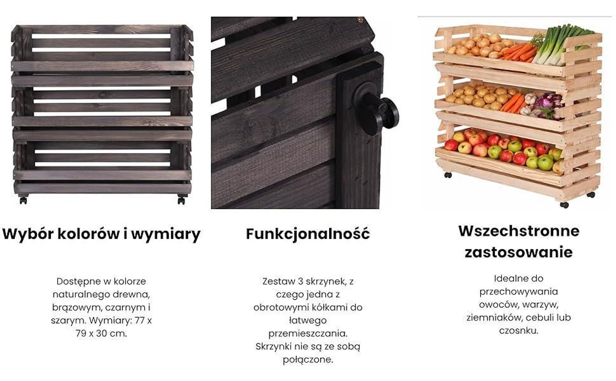 STOLMAK Drewniana Skrzynka na Owoce na Kółkach 77x79x30 cm Regał na Warzywa i Ziemniaki 3 Poziomy Brązowa