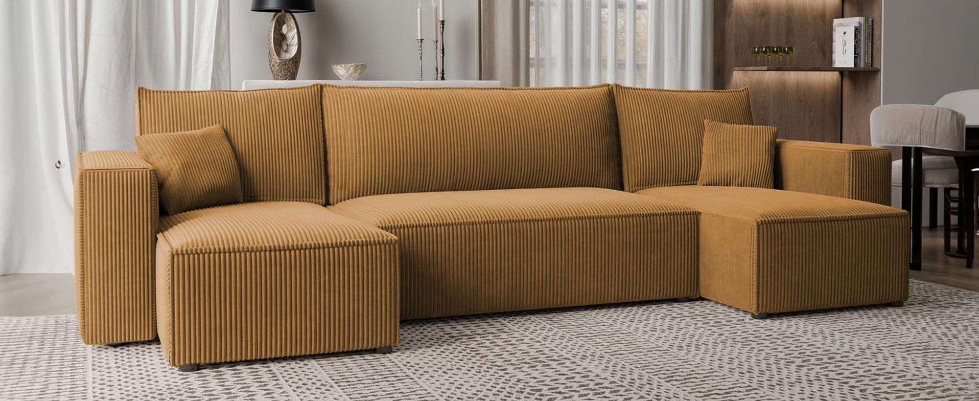 Idohome Ecksofa - Wohnzimmer Sofa mit Schlaffunktion und Bettkasten, Eckcouch, Polstermöbel, Sofa, Couch modern in Farbe Senfgelb Poso 01 Paris U Form