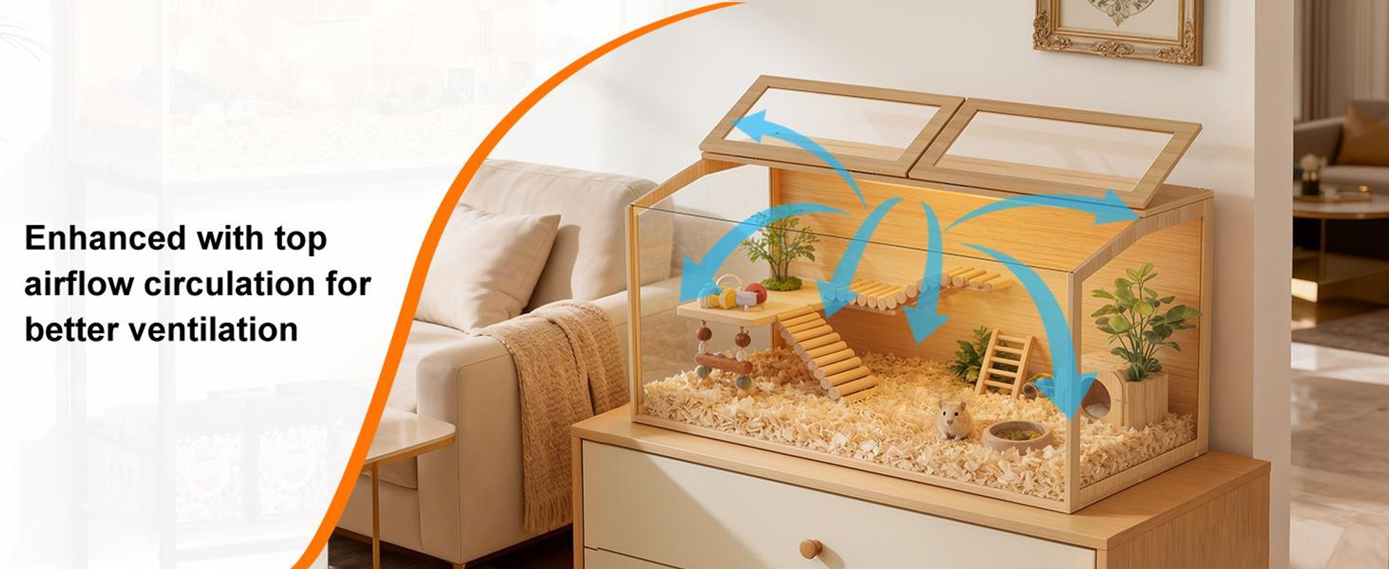 WISFOR Hamsterkäfig mit LED Leuchte, Kleintierhaus aus Holz, Mäusekäfig mit klappbarem Deckel, Sichtfenster, 100.7x50x50m