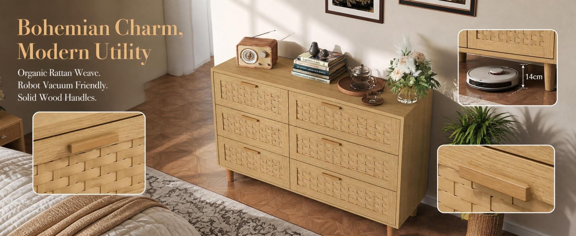 INONEFT Kommode mit Rattan Geflecht 6 Schubladen, Sideboard, Komode, Schubladenschrank, Vorratsschrank, Naturholzfarbe,Eiche H80cm B115cm T40cm