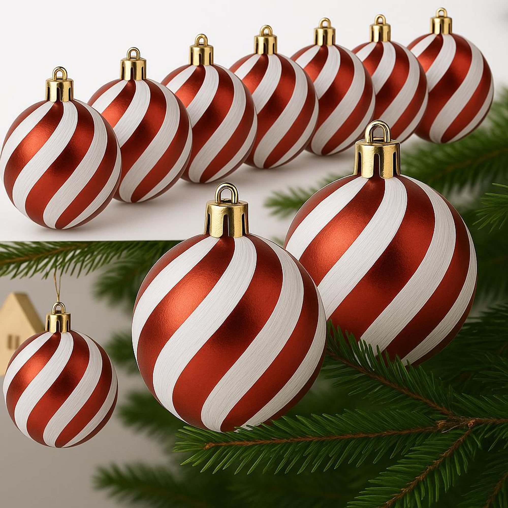 Weihnachtskugeln 10-teilig – Bruchfest aus Kunststoff, Rot/Weiß im Candy-Style – Christbaumkugeln Set für Weihnachtsbaum & Deko