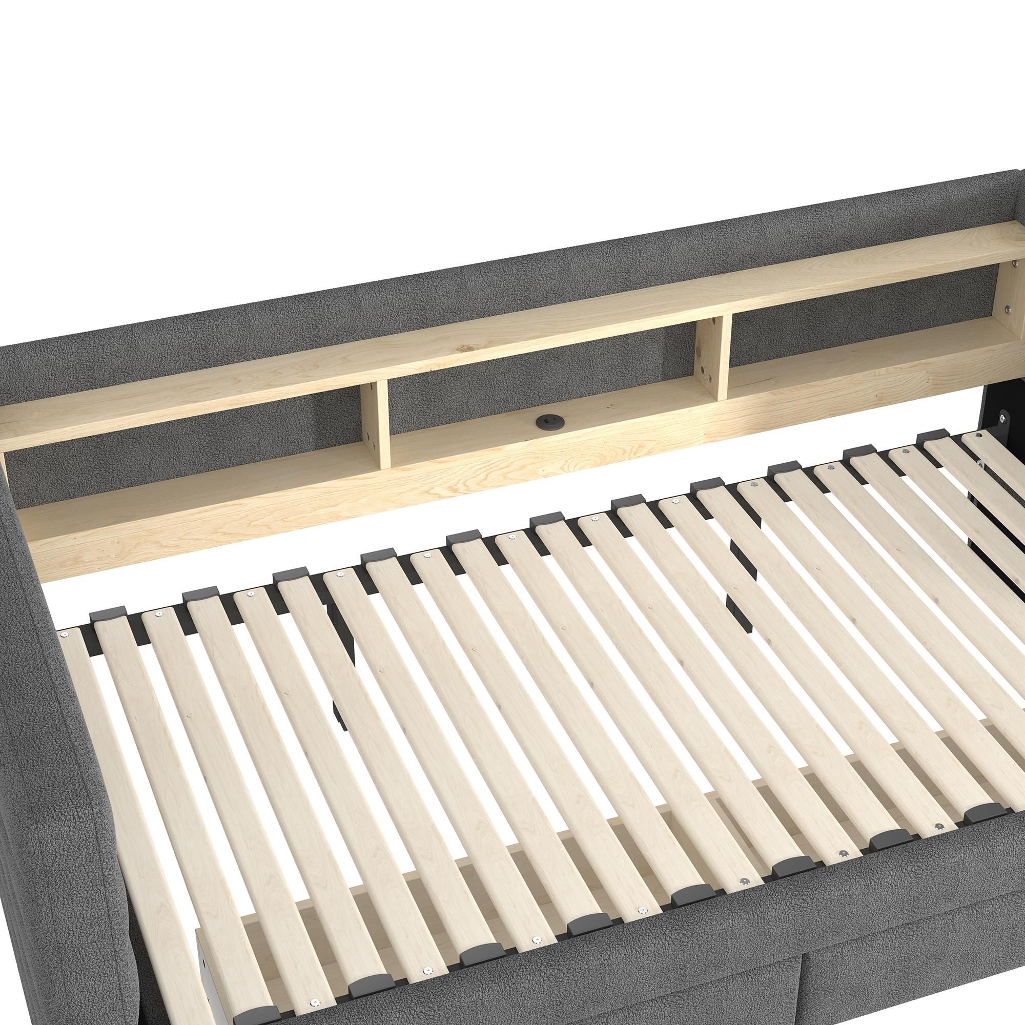 Merax Tagesbett Daybett 90x190cm, Schlafsofa mit Ausziehbett, 2 Schubladen, Ablagefach, LED Licht, USB, Typ-C, Polsterbett, Kinderbett, Samt, Grau