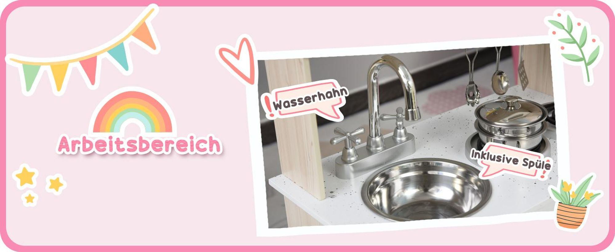 HOMCOM 2-in-1 Kinder Puppenhaus Kinderküche aus Holz mit Zubehör 3 Jahre+ MDF