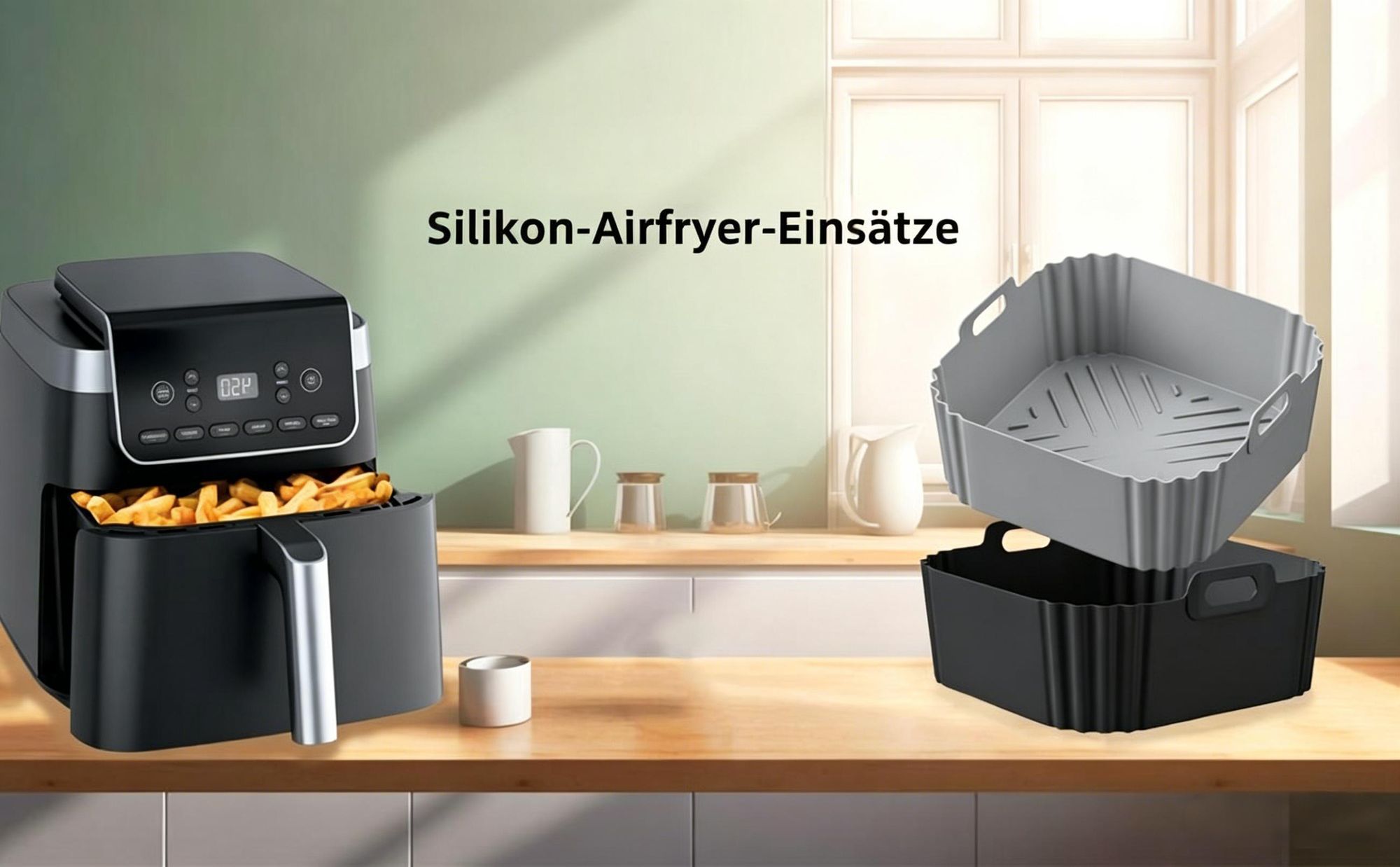 Airfryer Zubehör Set Silikon, 22.5cm Silikonform mit 2 Mini-Ofenhandschuhen, BPA-frei, Antihaft, spülmaschinengeeignet, bis 230℃, für 4.7–7.2L