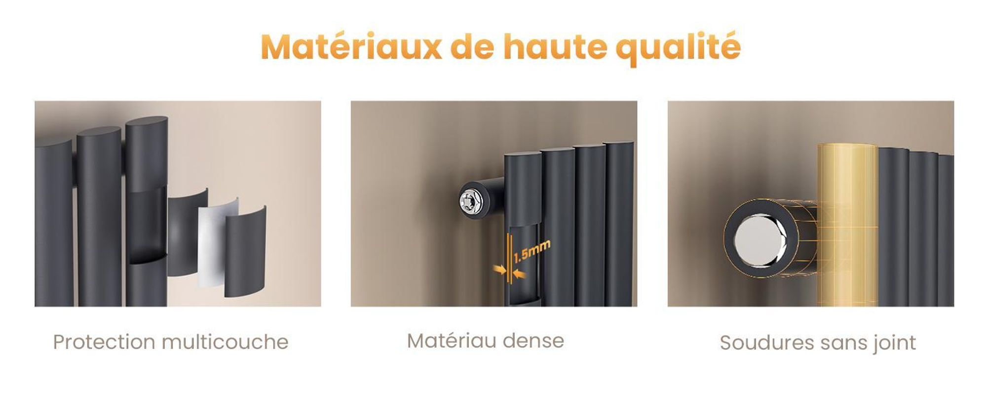 EMKE Radiateur tubulaire design pour eau chaude Raccordement central Vertical Ovale Monocouche 266 Watts 24cm x 90cm Anthracite sans thermoplongeur
