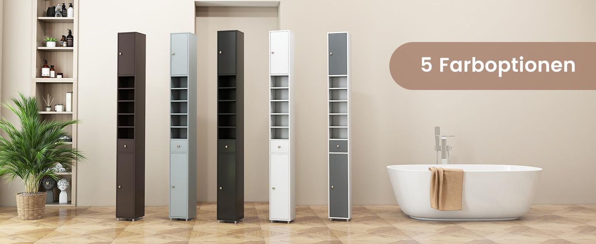 COSTWAY Schlanker Badezimmerschrank, freistehender Hochschrank mit 2 Türen, 1 Schublade und 5 verstellbaren Regalen