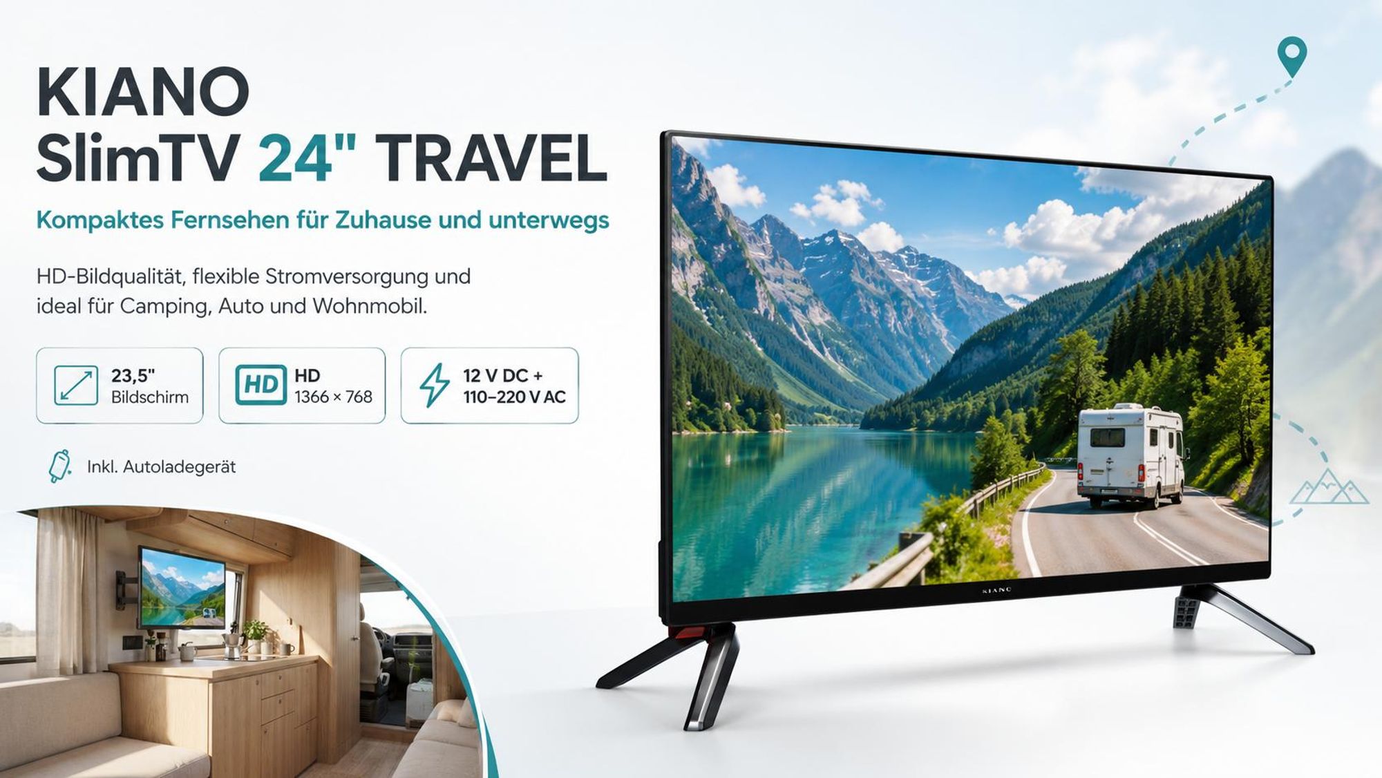 Kiano Slim TV Travel 24 Zoll (61 cm) Fernseher, HD, LED, Triple Tuner DVB-T2, Auto-Ladegerät, HDMI, USB, Dolby Audio