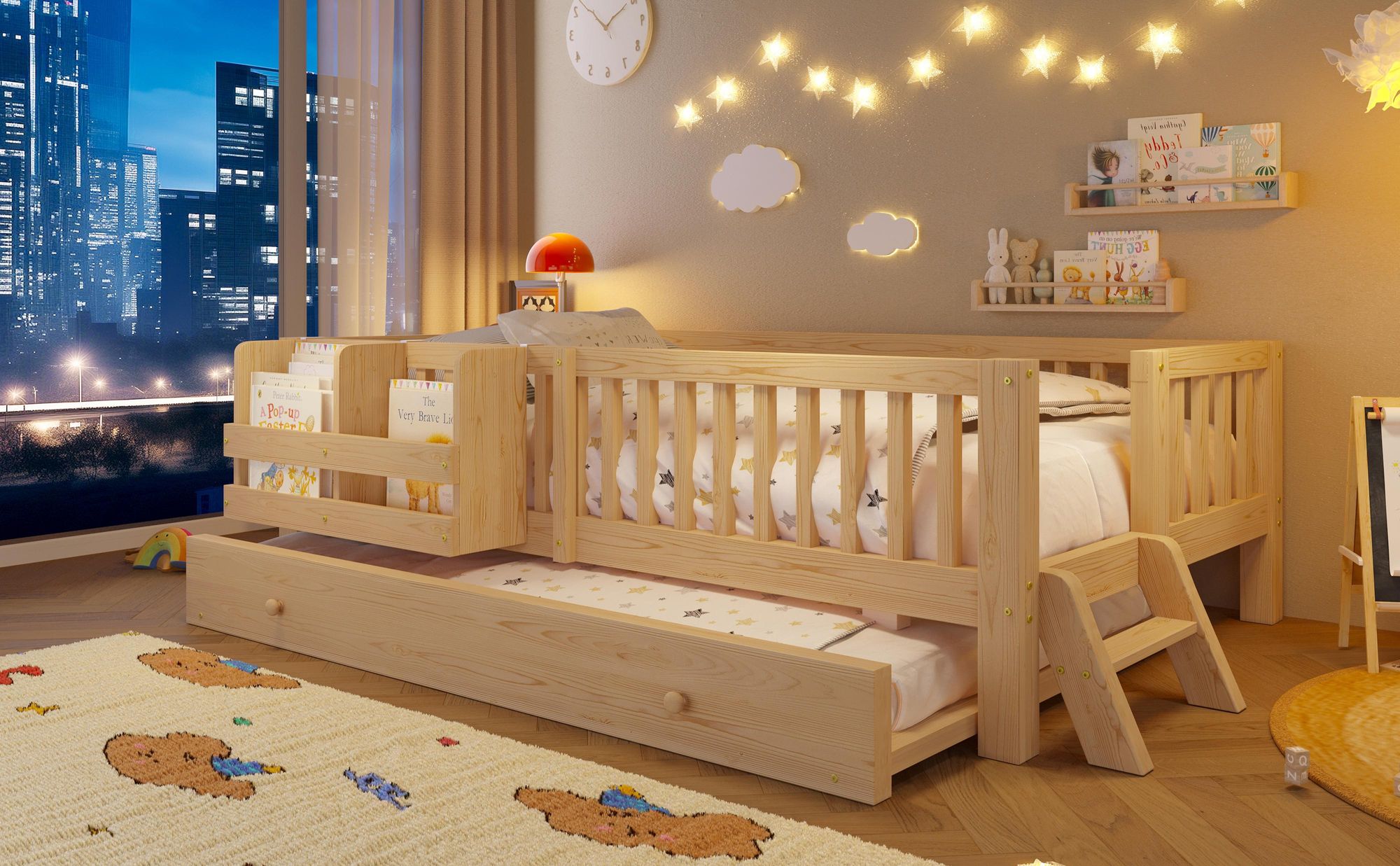 Merax 90x200 cm Kinderbett, Plattformbett mit Ausziehbett, Tagesbett mit Bücherregal, Massivholz Kinderbett, Jugendbett Gästebett, Flachbett, Natur