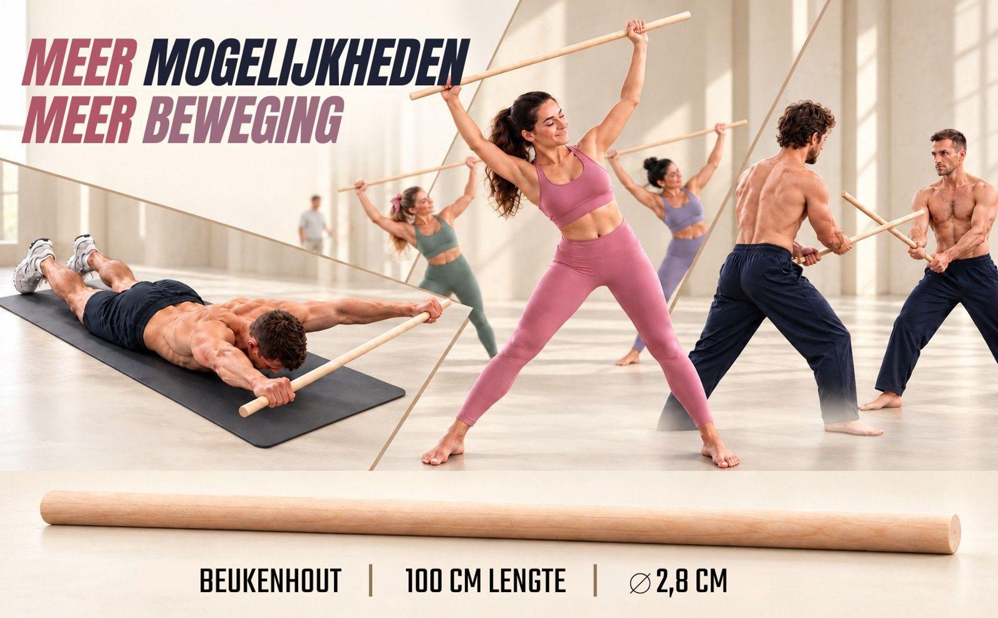 MOE UHANE® Houten gymnastiekstok, 100 cm, voor oefeningen, yoga, fitness, mobiliteit en balans. Stretchstok voor kinderen en volwassenen, gemaakt van natuurlijk hout