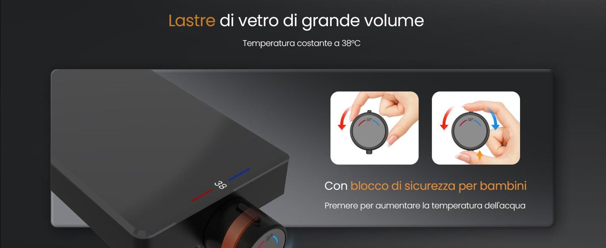 Sistema doccia EMKE® con termostatico doccia a pioggia rotonda con ripiano in vetro da 40 cm, rubinetteria per vasca e doccia, doccetta 3 modalità di getto + bocca inferiore nera F22