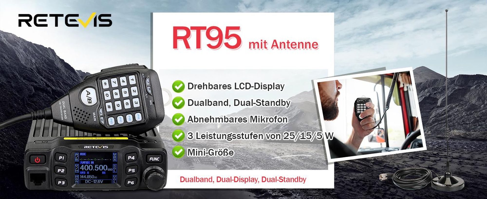 Retevis RT95 Amateurfunk Transceiver mit Dual Band Antenne, Mini Mobilfunk Transceiver mit Drehbarem LCD Dual Display, 200 Kanäle, SL16/PL259 Mobile Autoantenne