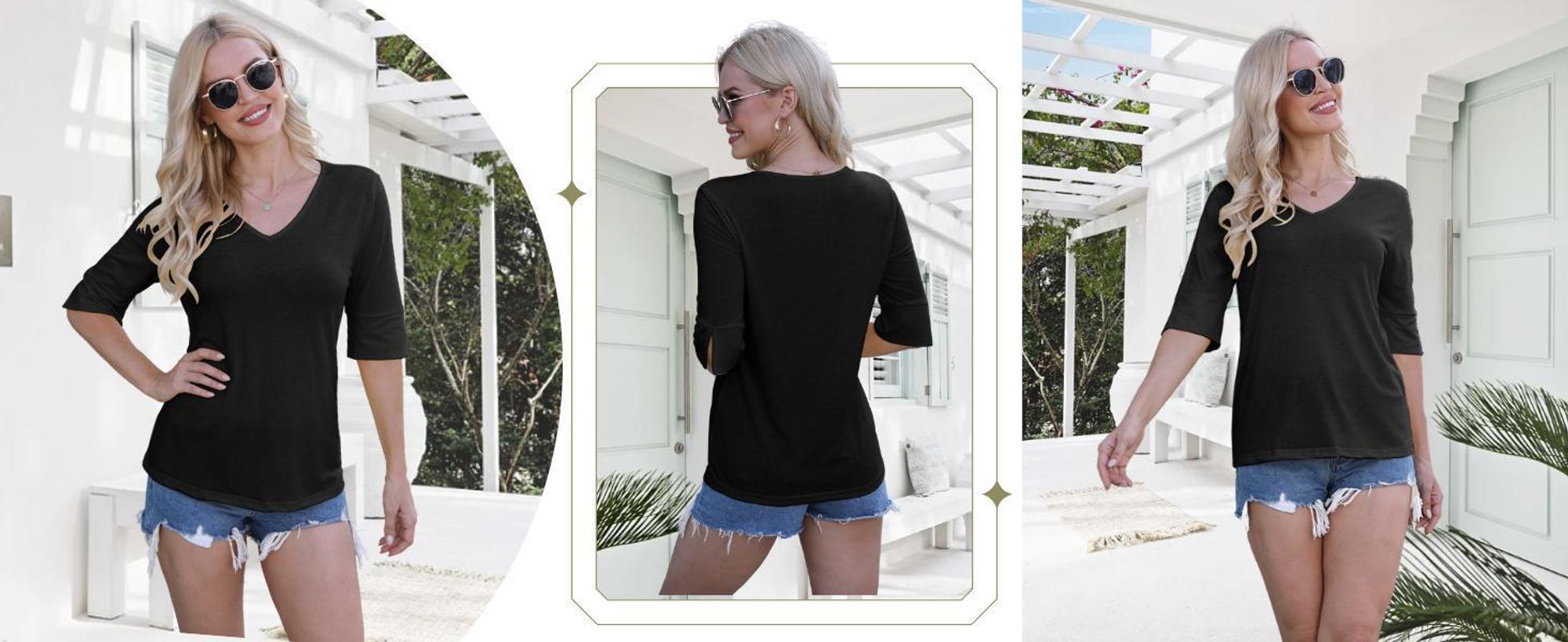 Damenmode Kurzarm-T-Shirt mit V-Ausschnitt, einfarbig, locker geschnitten,Größe:XXL